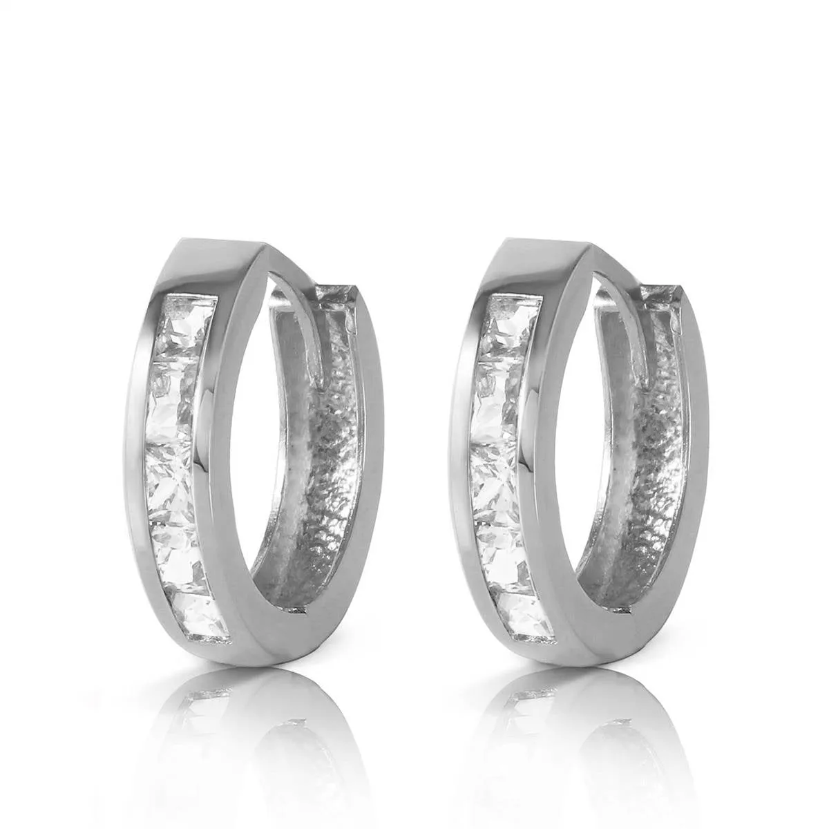 1.2 Carat 14K Solid White Gold Hoop Huggie Earrings White Topaz