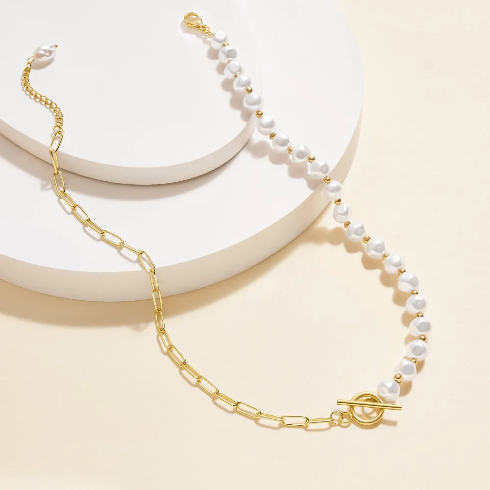 14K Gold Plated Half Pearl Half Paperclip Chunky Link Chain- Round