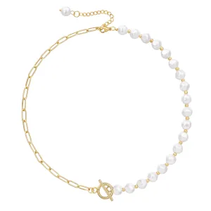 14K Gold Plated Half Pearl Half Paperclip Chunky Link Chain- Round