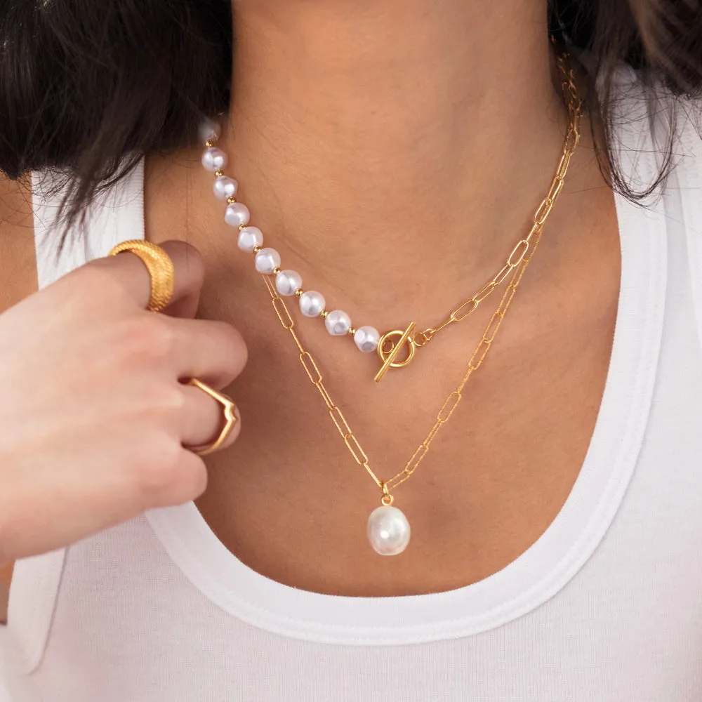 14K Gold Plated Half Pearl Half Paperclip Chunky Link Chain- Round