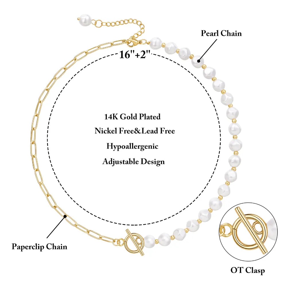 14K Gold Plated Half Pearl Half Paperclip Chunky Link Chain- Round