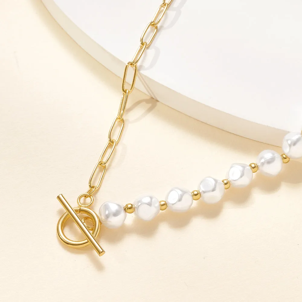 14K Gold Plated Half Pearl Half Paperclip Chunky Link Chain- Round