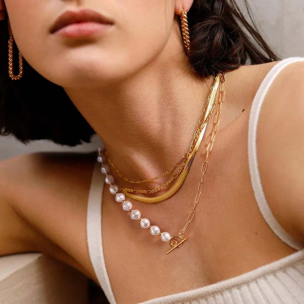 14K Gold Plated Half Pearl Half Paperclip Chunky Link Chain- Round