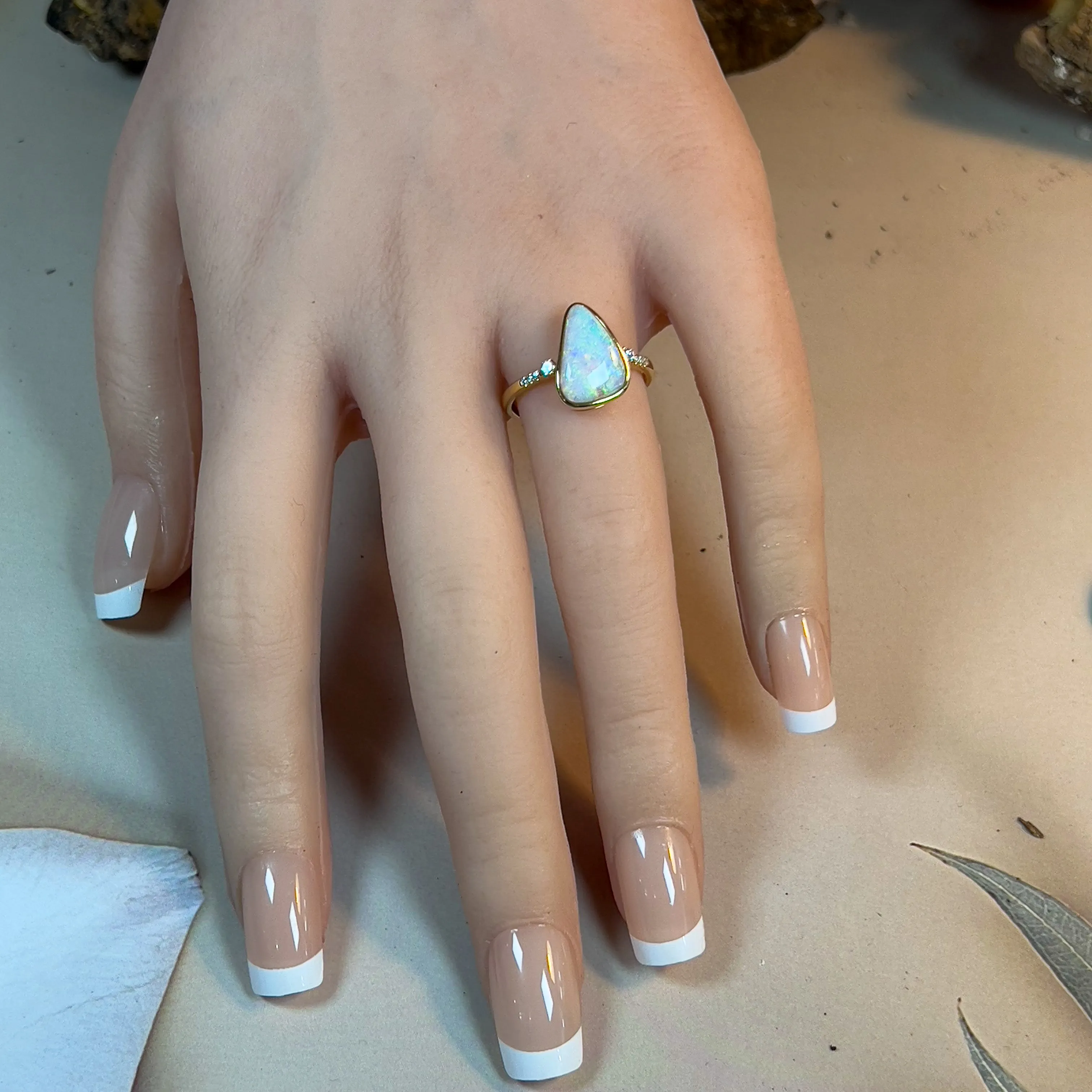 14kt Yellow Gold Crystal Opal triangular shape and diamond on shank ring