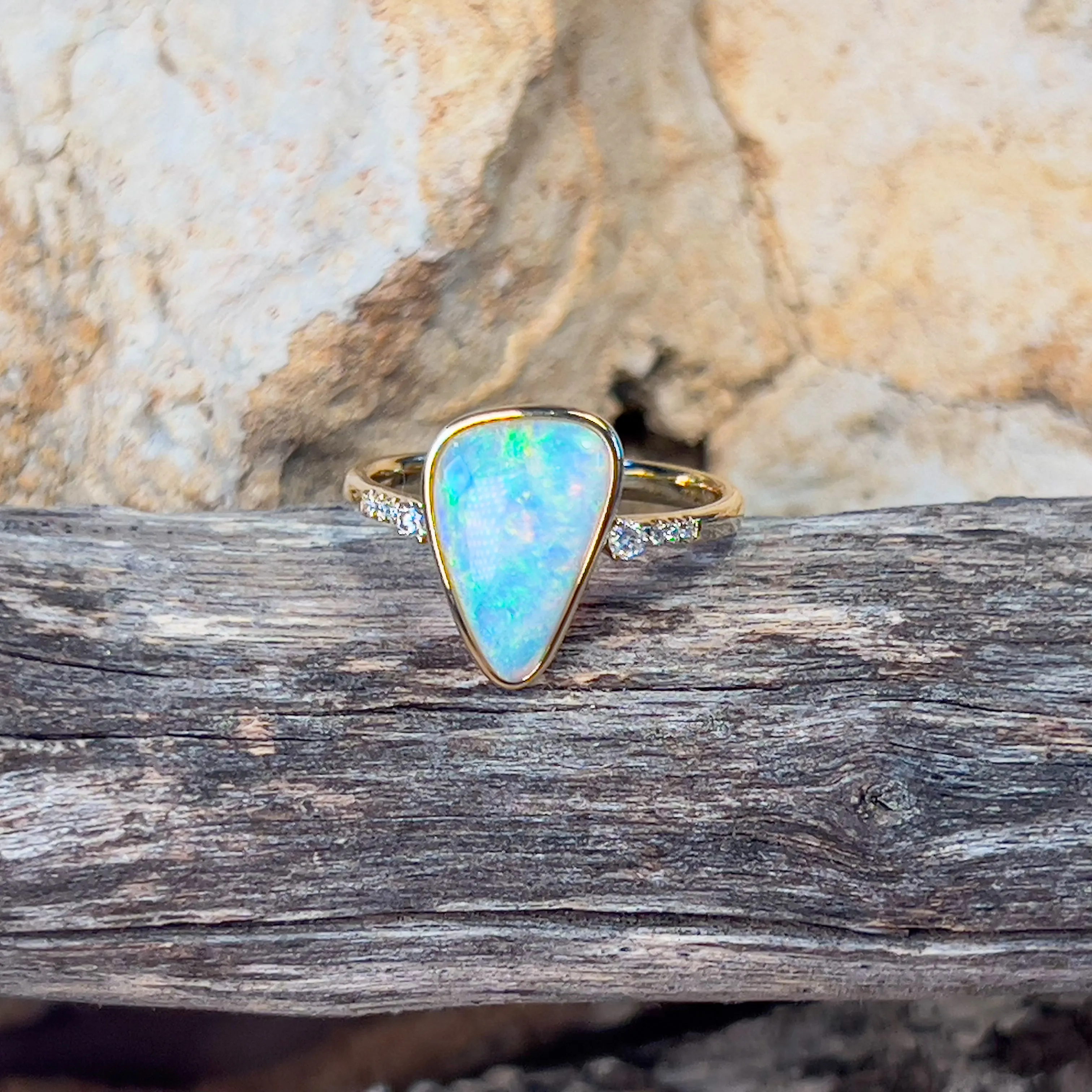 14kt Yellow Gold Crystal Opal triangular shape and diamond on shank ring