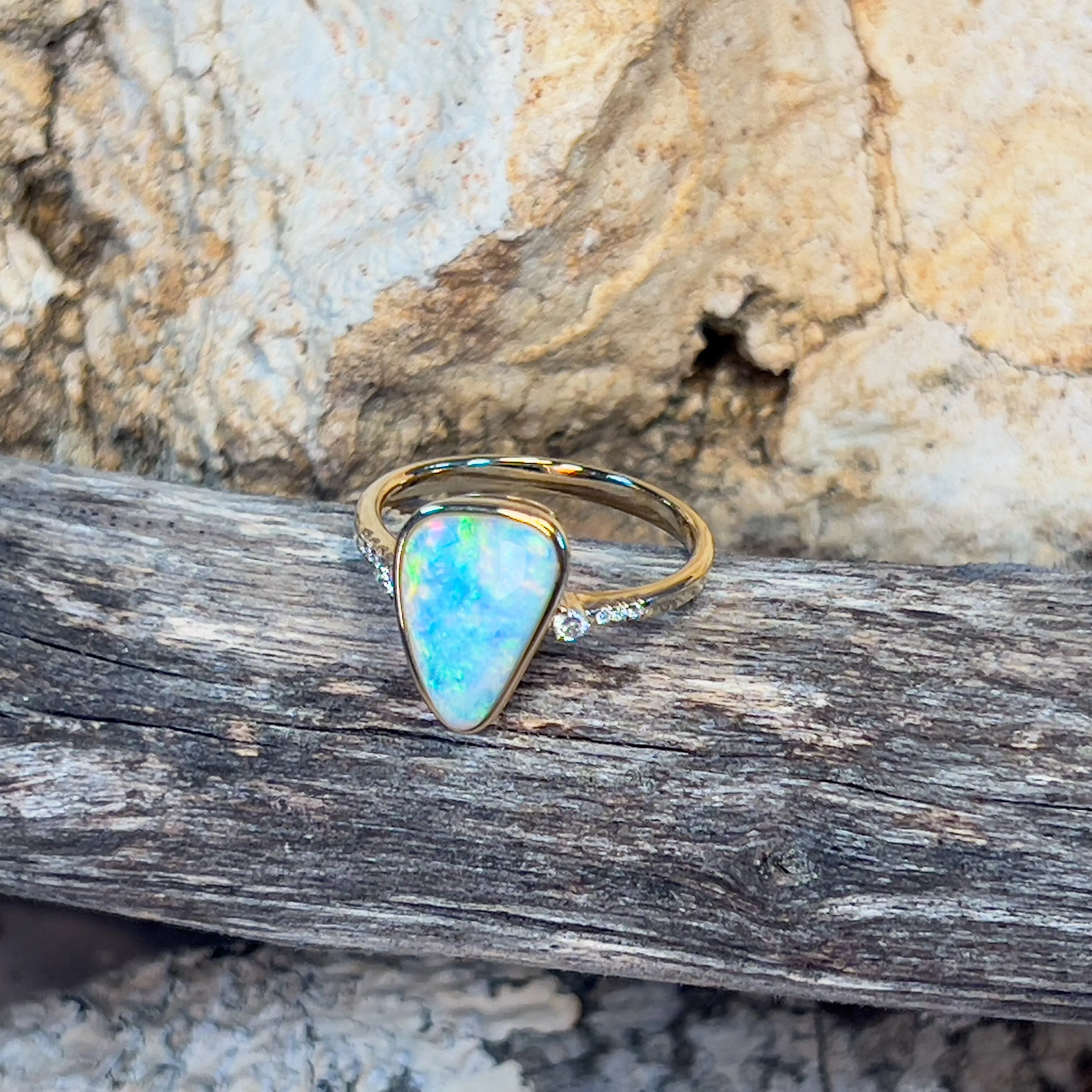 14kt Yellow Gold Crystal Opal triangular shape and diamond on shank ring