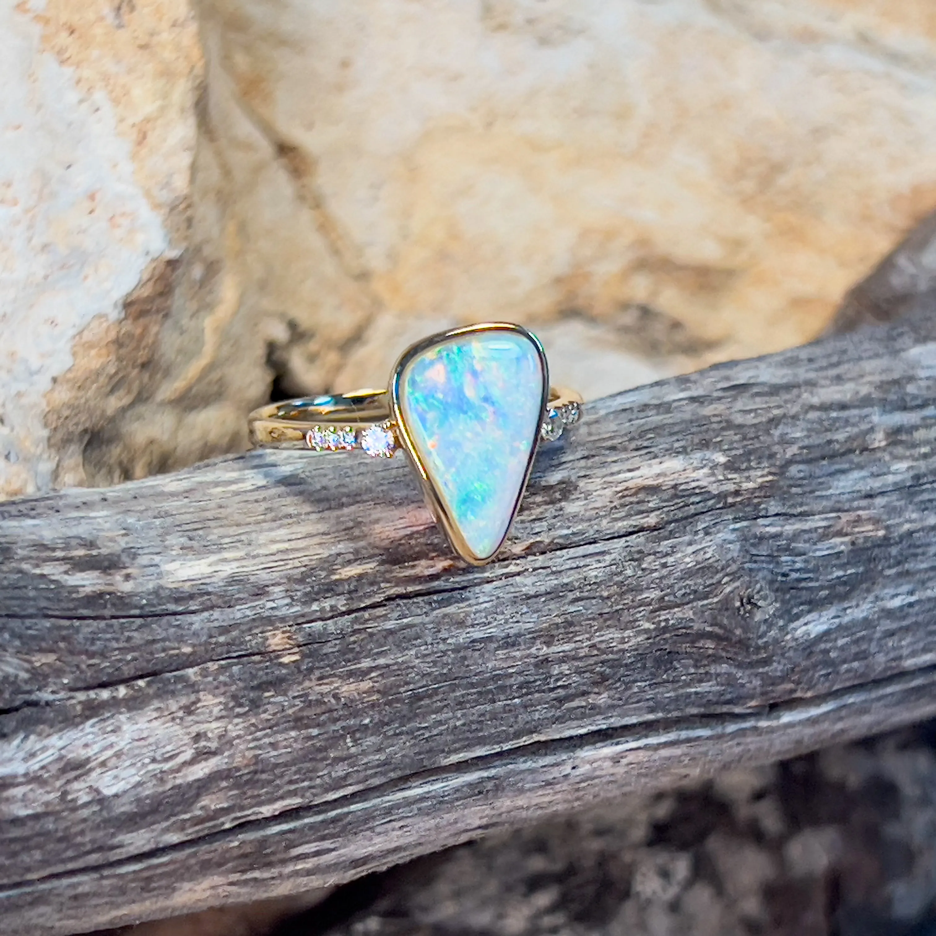 14kt Yellow Gold Crystal Opal triangular shape and diamond on shank ring