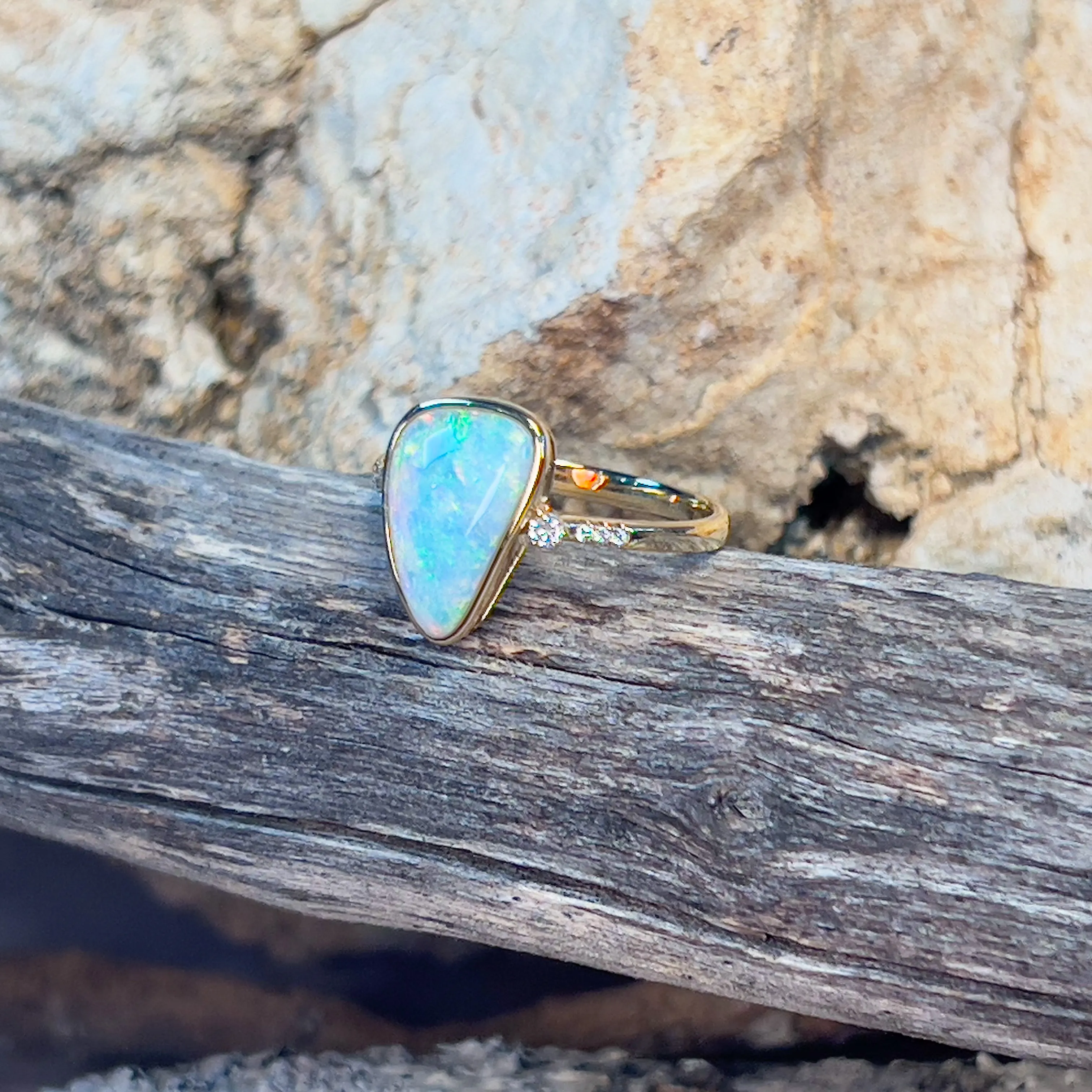 14kt Yellow Gold Crystal Opal triangular shape and diamond on shank ring