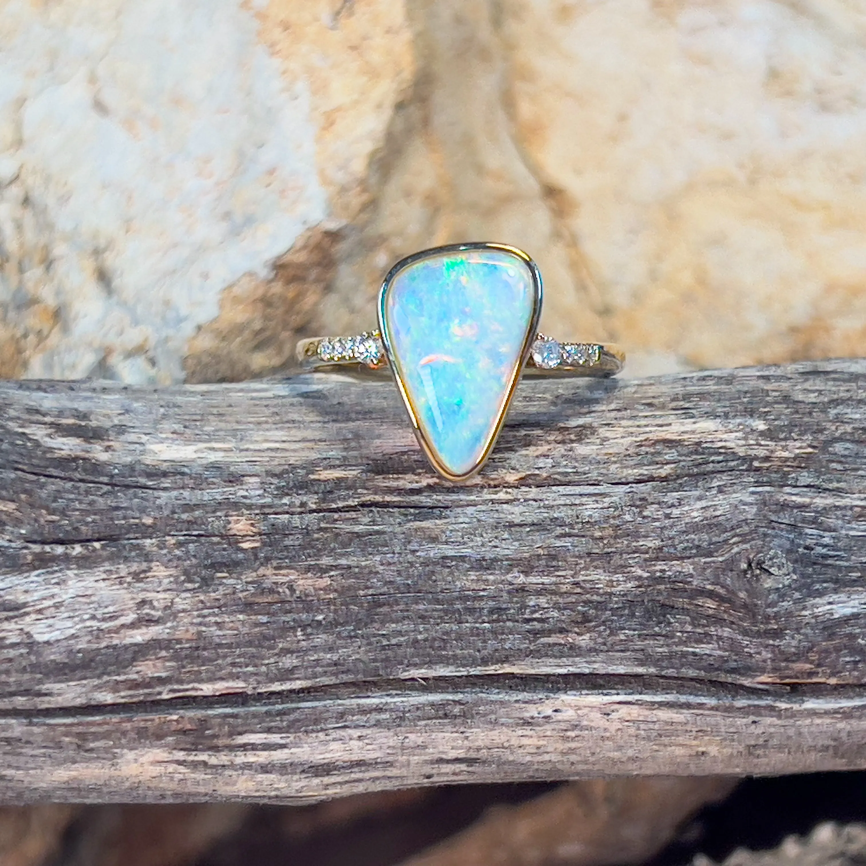 14kt Yellow Gold Crystal Opal triangular shape and diamond on shank ring