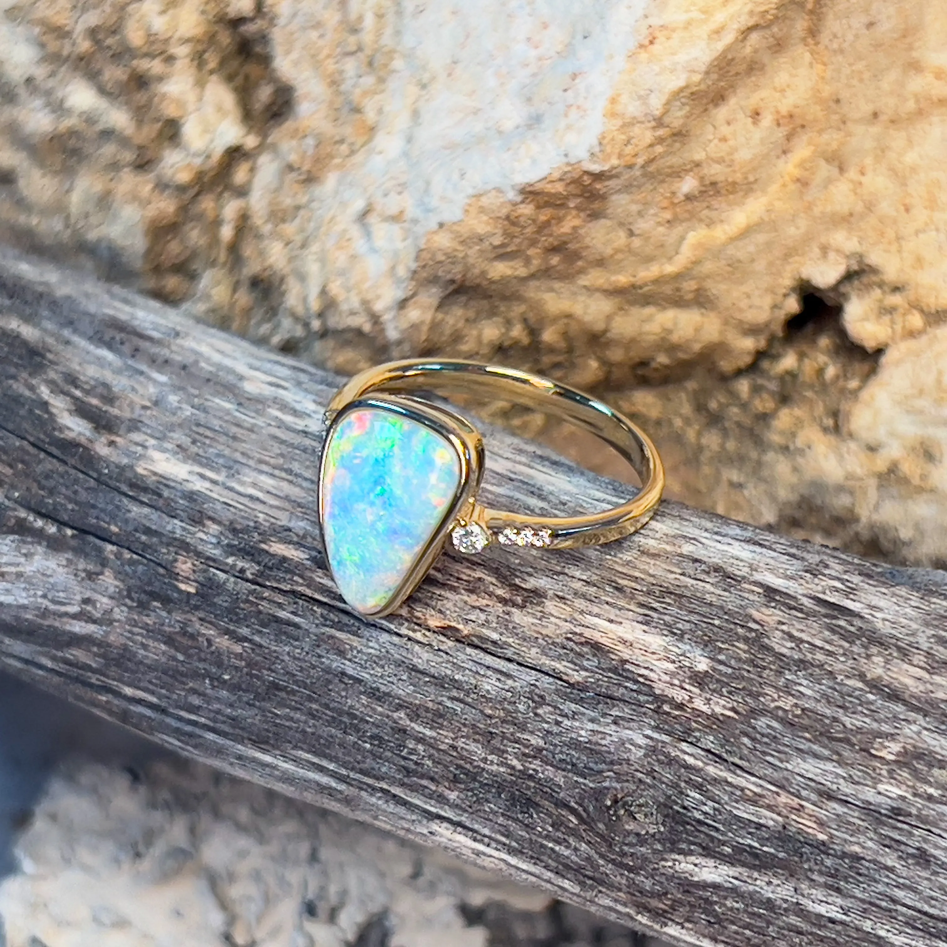 14kt Yellow Gold Crystal Opal triangular shape and diamond on shank ring