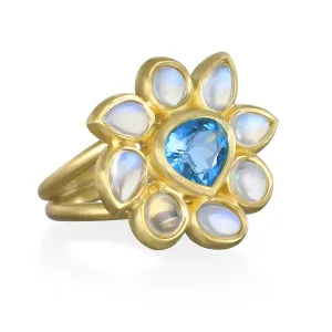 18 Karat Gold Trillion Aquamarine Moonstone Daisy