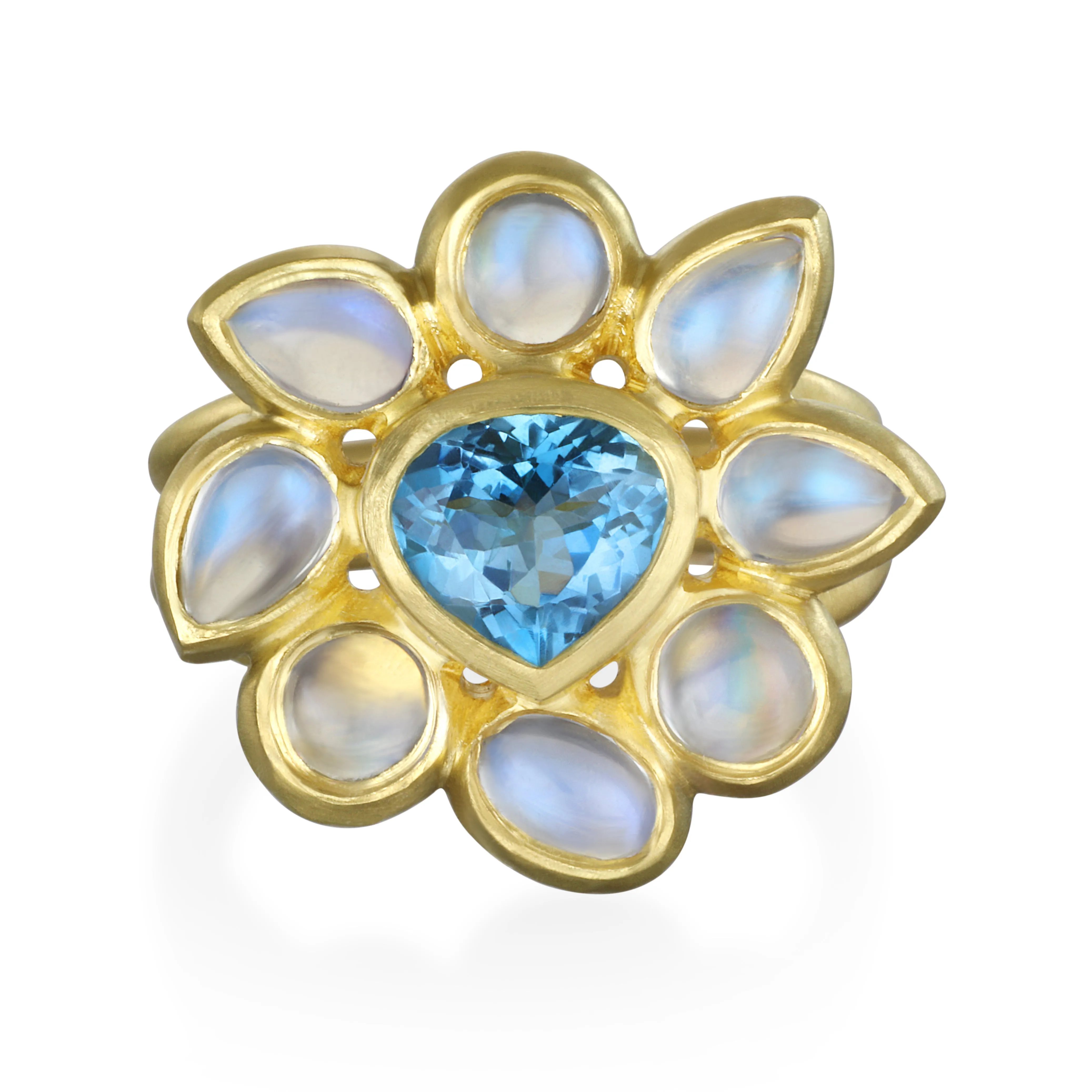 18 Karat Gold Trillion Aquamarine Moonstone Daisy