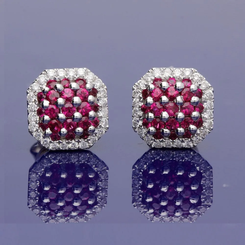 18ct White Gold Ruby and Diamond Cluster Stud Earrings