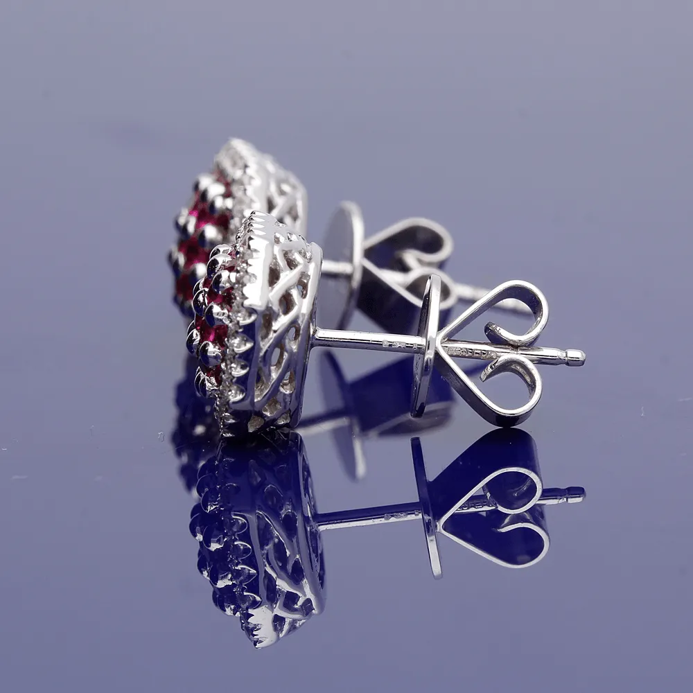18ct White Gold Ruby and Diamond Cluster Stud Earrings
