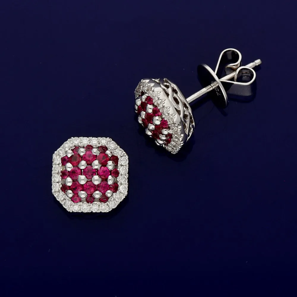 18ct White Gold Ruby and Diamond Cluster Stud Earrings