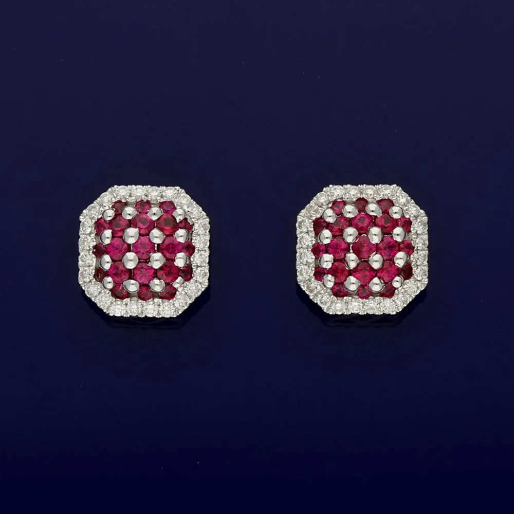 18ct White Gold Ruby and Diamond Cluster Stud Earrings
