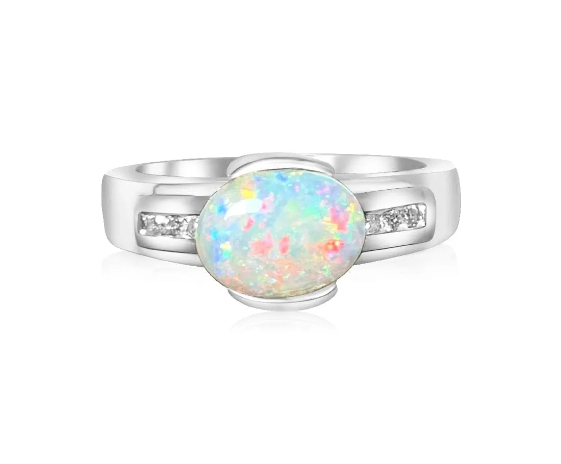 18kt White Gold Light Opal Fire and Diamond ring