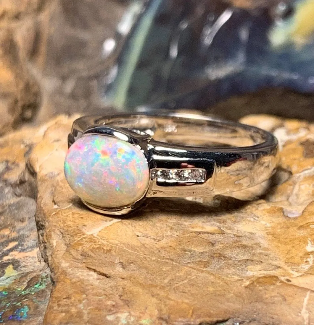 18kt White Gold Light Opal Fire and Diamond ring