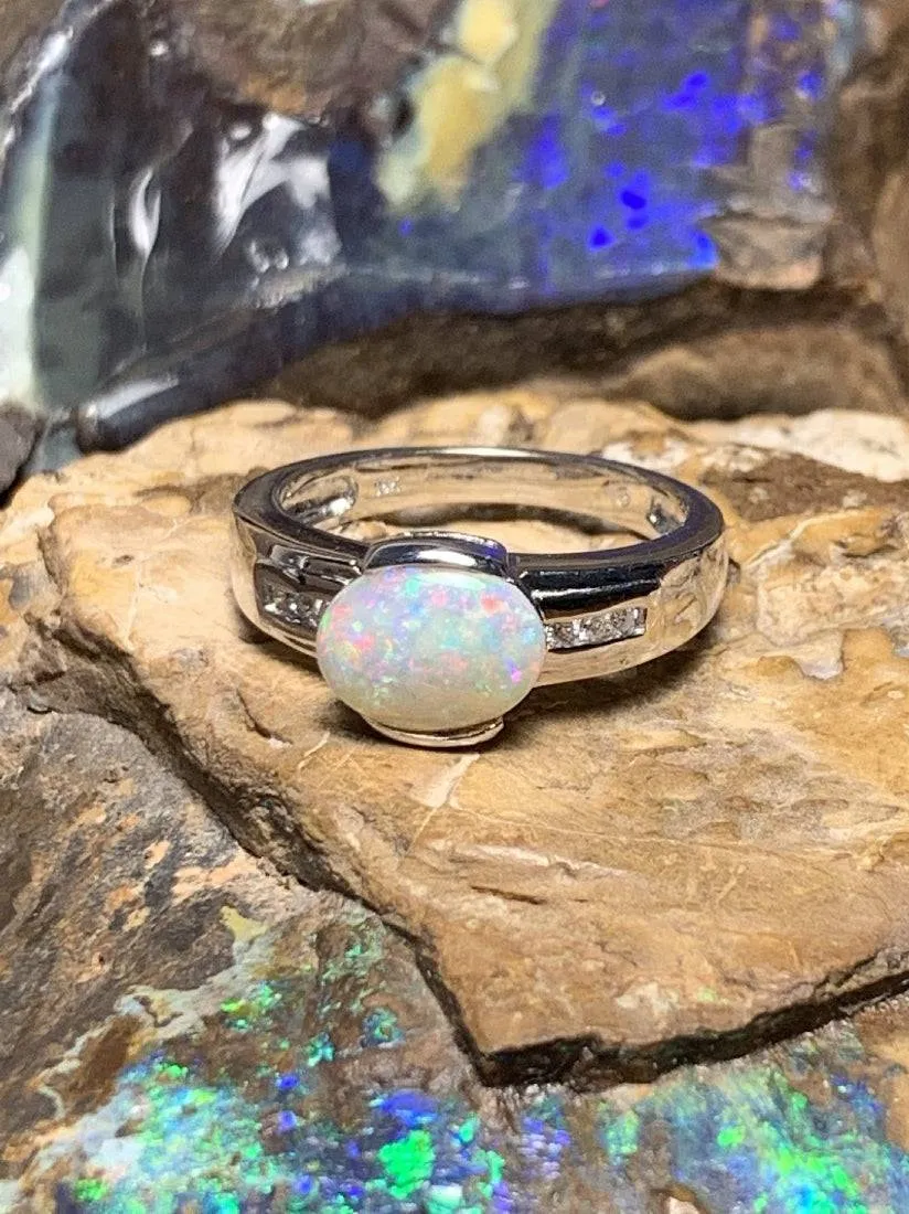 18kt White Gold Light Opal Fire and Diamond ring