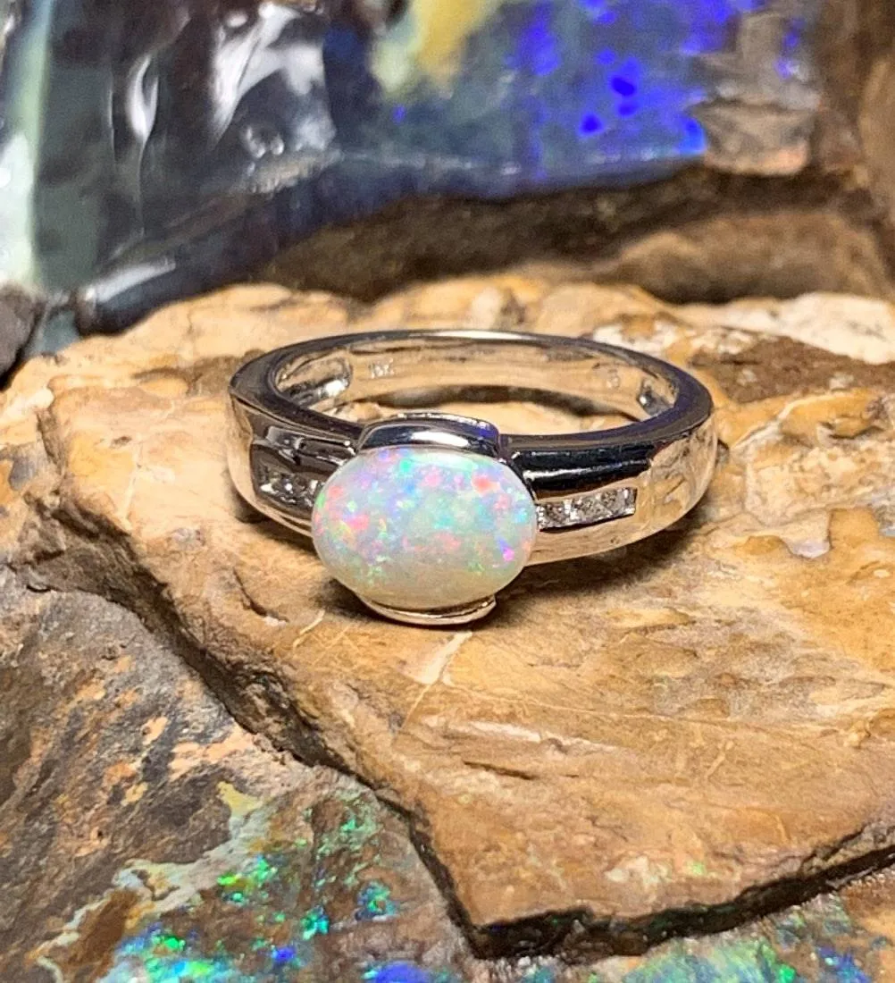 18kt White Gold Light Opal Fire and Diamond ring