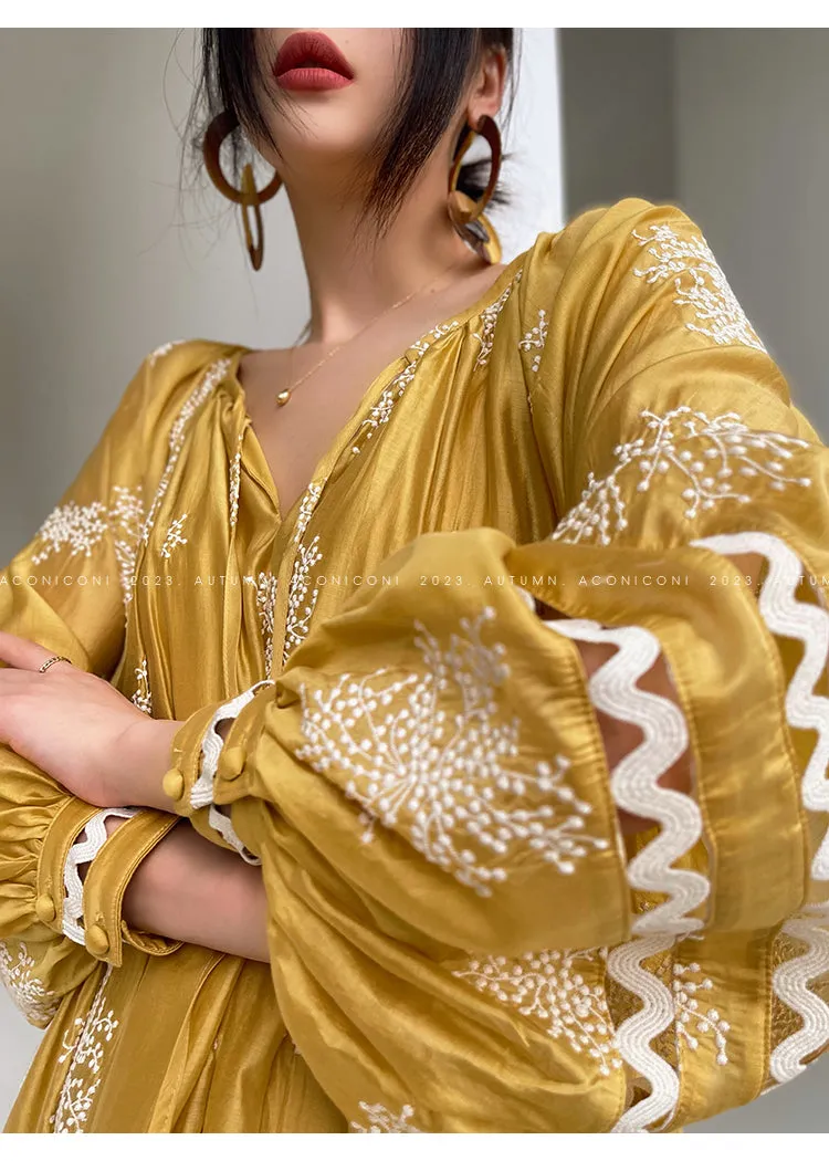 Aconiconi Light French Loose Slouchy Lace Balloon Sleeve Dress - Sunset