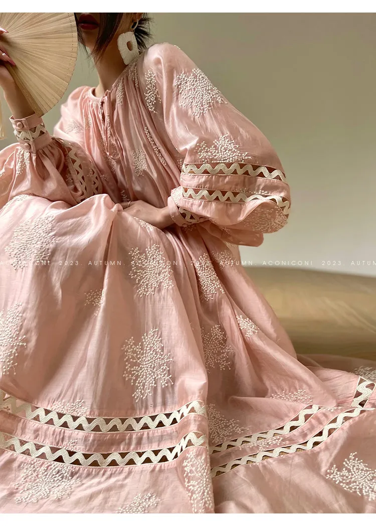 Aconiconi Light French Loose Slouchy Lace Balloon Sleeve Dress - Sunset