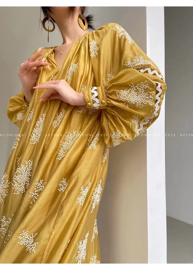 Aconiconi Light French Loose Slouchy Lace Balloon Sleeve Dress - Sunset