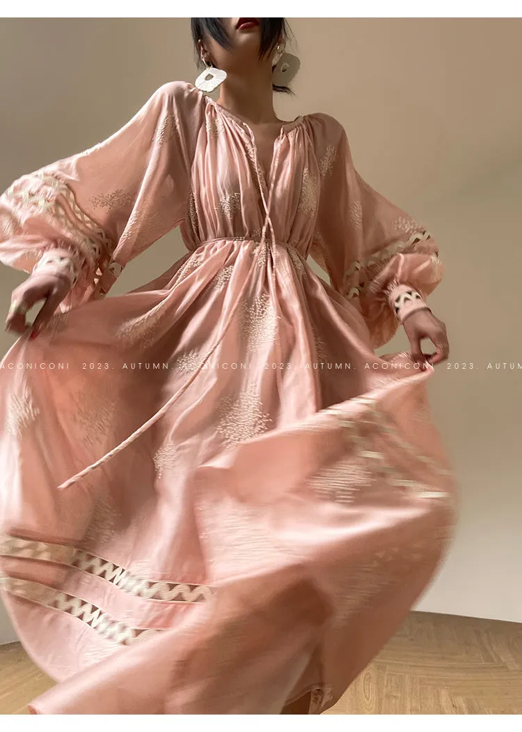 Aconiconi Light French Loose Slouchy Lace Balloon Sleeve Dress - Sunset