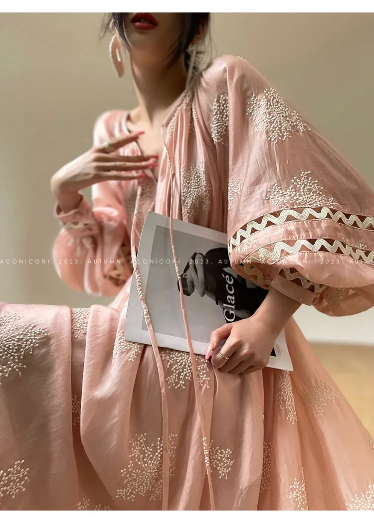 Aconiconi Light French Loose Slouchy Lace Balloon Sleeve Dress - Sunset