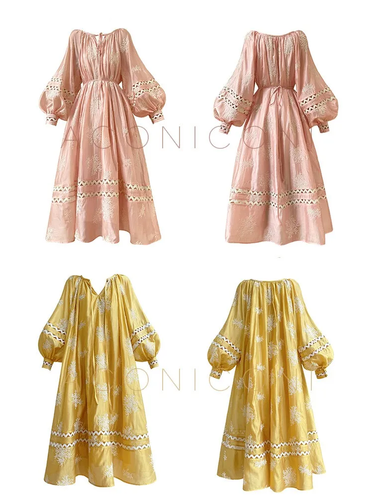 Aconiconi Light French Loose Slouchy Lace Balloon Sleeve Dress - Sunset