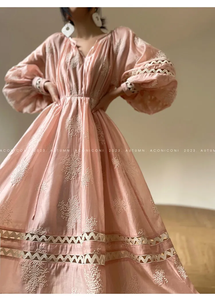 Aconiconi Light French Loose Slouchy Lace Balloon Sleeve Dress - Sunset