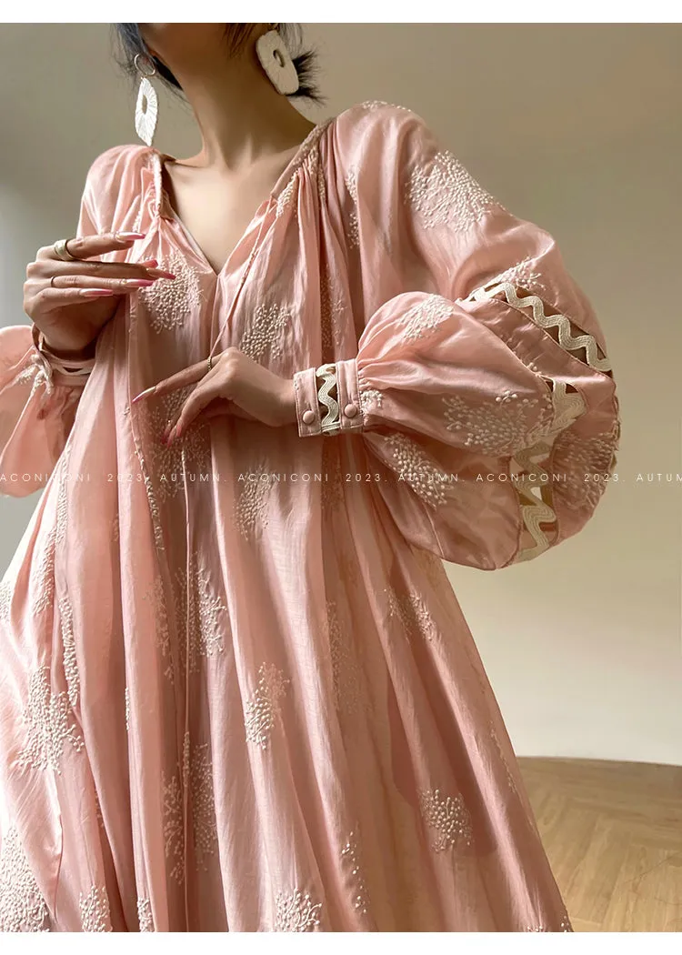 Aconiconi Light French Loose Slouchy Lace Balloon Sleeve Dress - Sunset