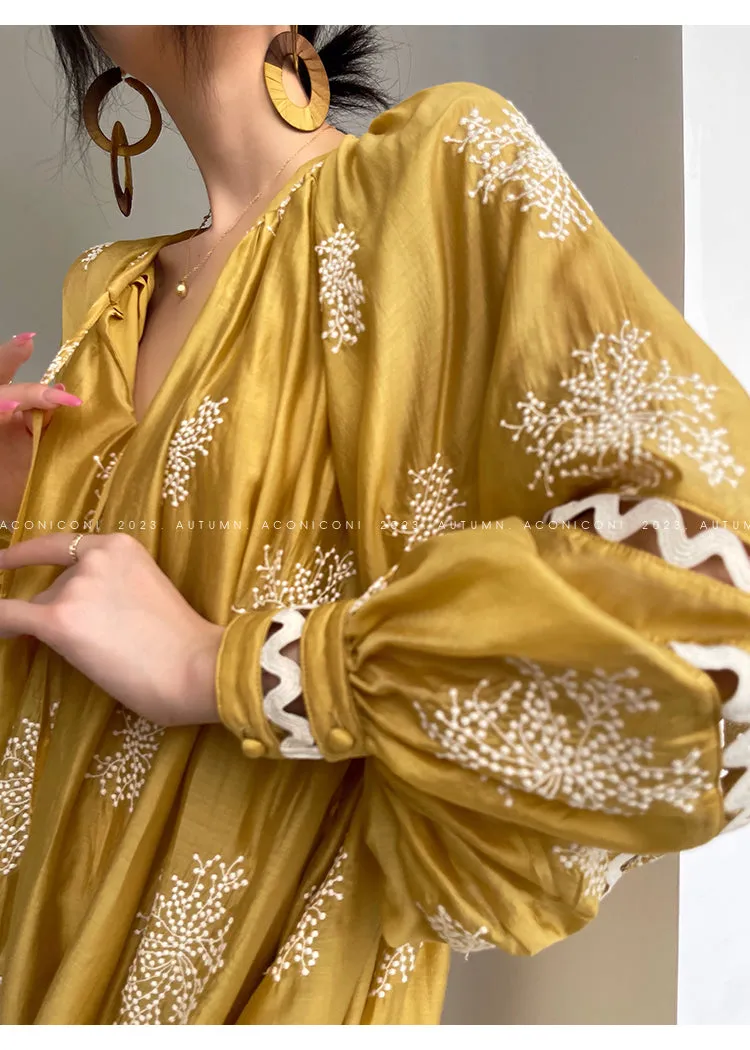 Aconiconi Light French Loose Slouchy Lace Balloon Sleeve Dress - Sunset