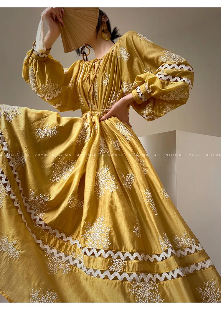 Aconiconi Light French Loose Slouchy Lace Balloon Sleeve Dress - Sunset