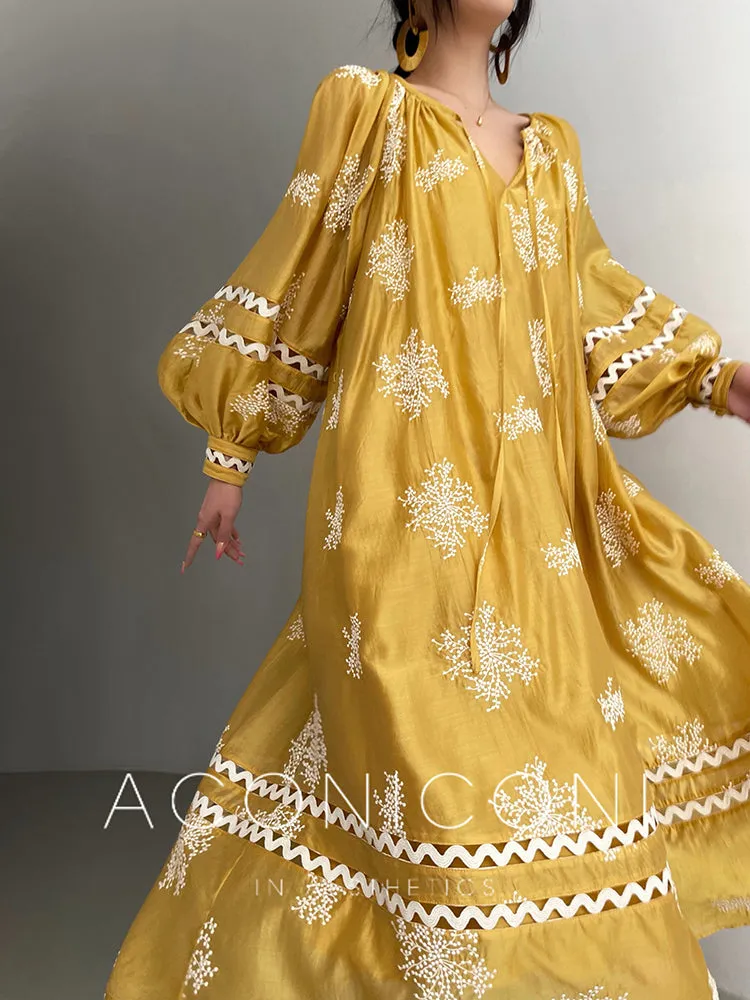 Aconiconi Light French Loose Slouchy Lace Balloon Sleeve Dress - Sunset