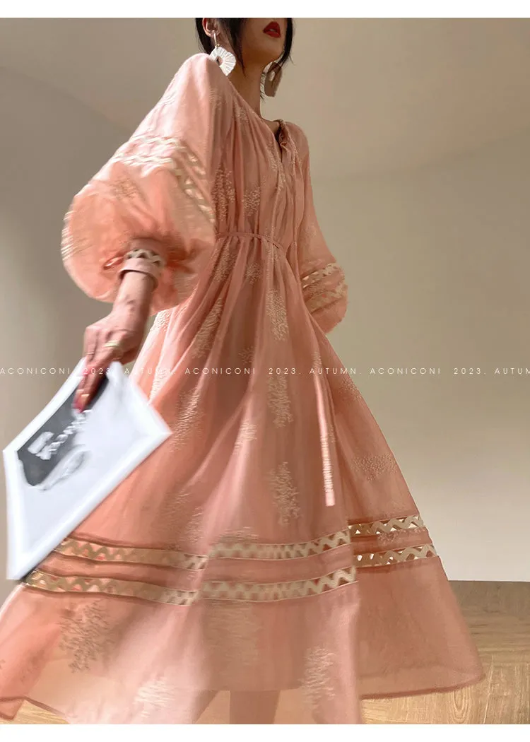 Aconiconi Light French Loose Slouchy Lace Balloon Sleeve Dress - Sunset