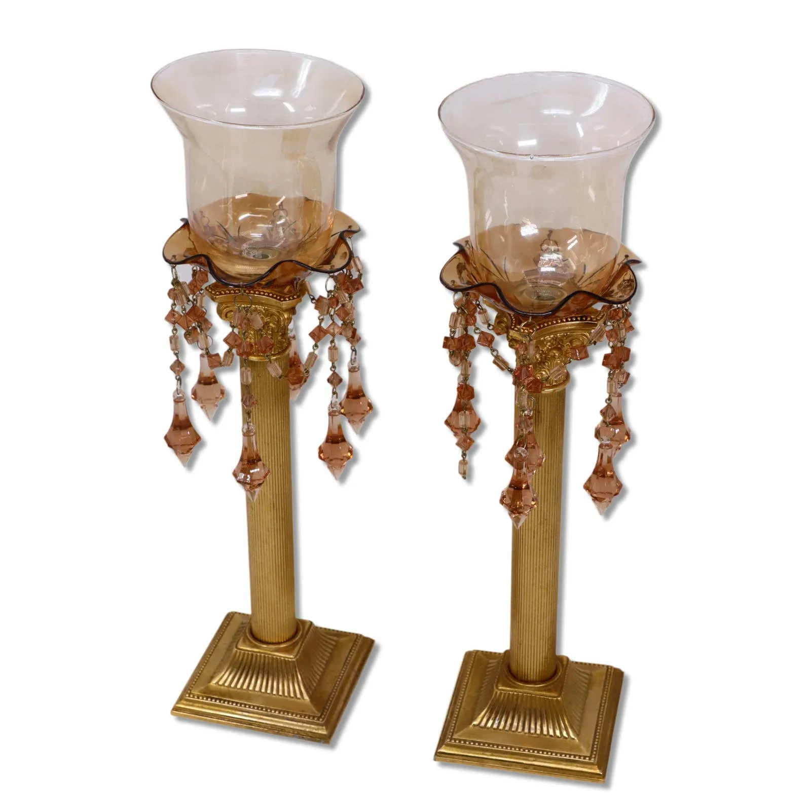 Amber Beaded Golden Column Taper Candle Holders Tulip Hurricane Sconces 14"