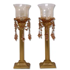 Amber Beaded Golden Column Taper Candle Holders Tulip Hurricane Sconces 14"
