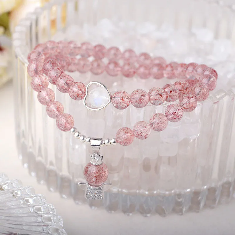 Angel Strawberry Quartz Moonstone Bead Double Strand Bracelets Handmade Jewelry Women