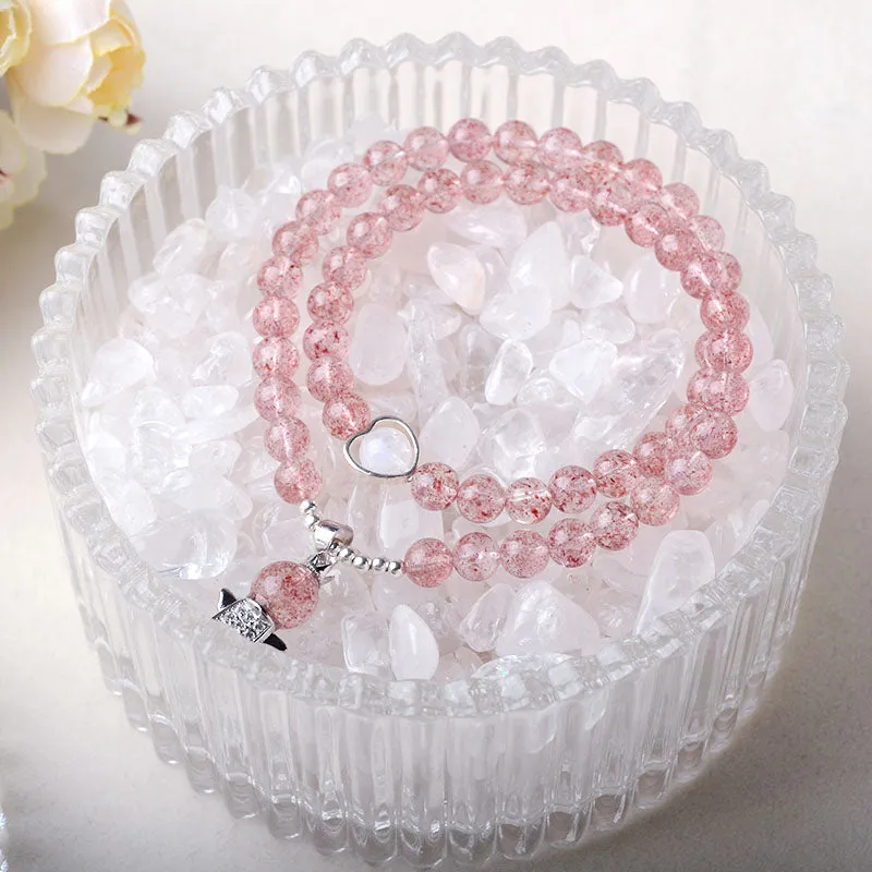 Angel Strawberry Quartz Moonstone Bead Double Strand Bracelets Handmade Jewelry Women