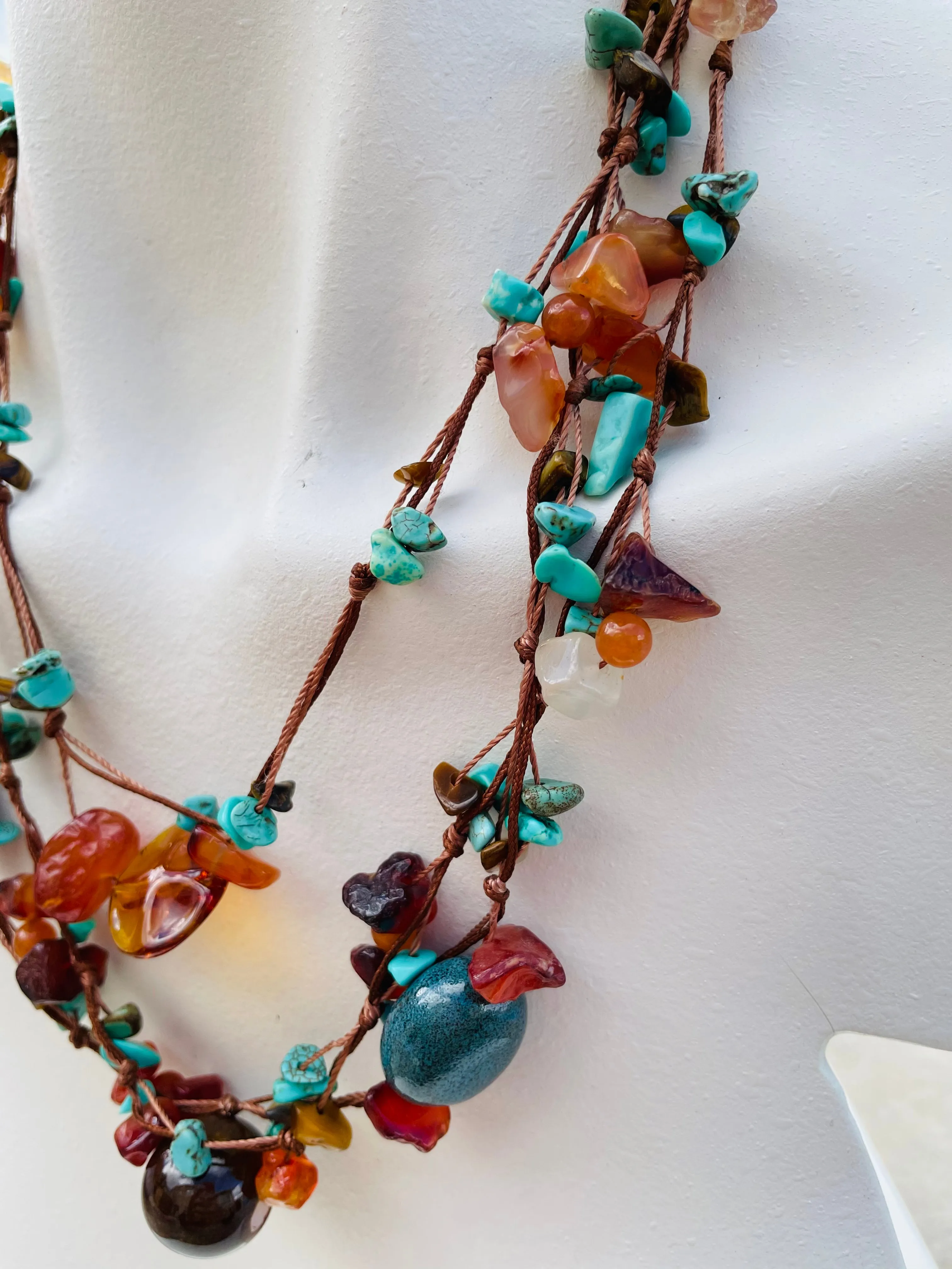 Artisan Handmade Multicolor Faux Amber Turquoise Mixed Stone Bead Gem Necklace