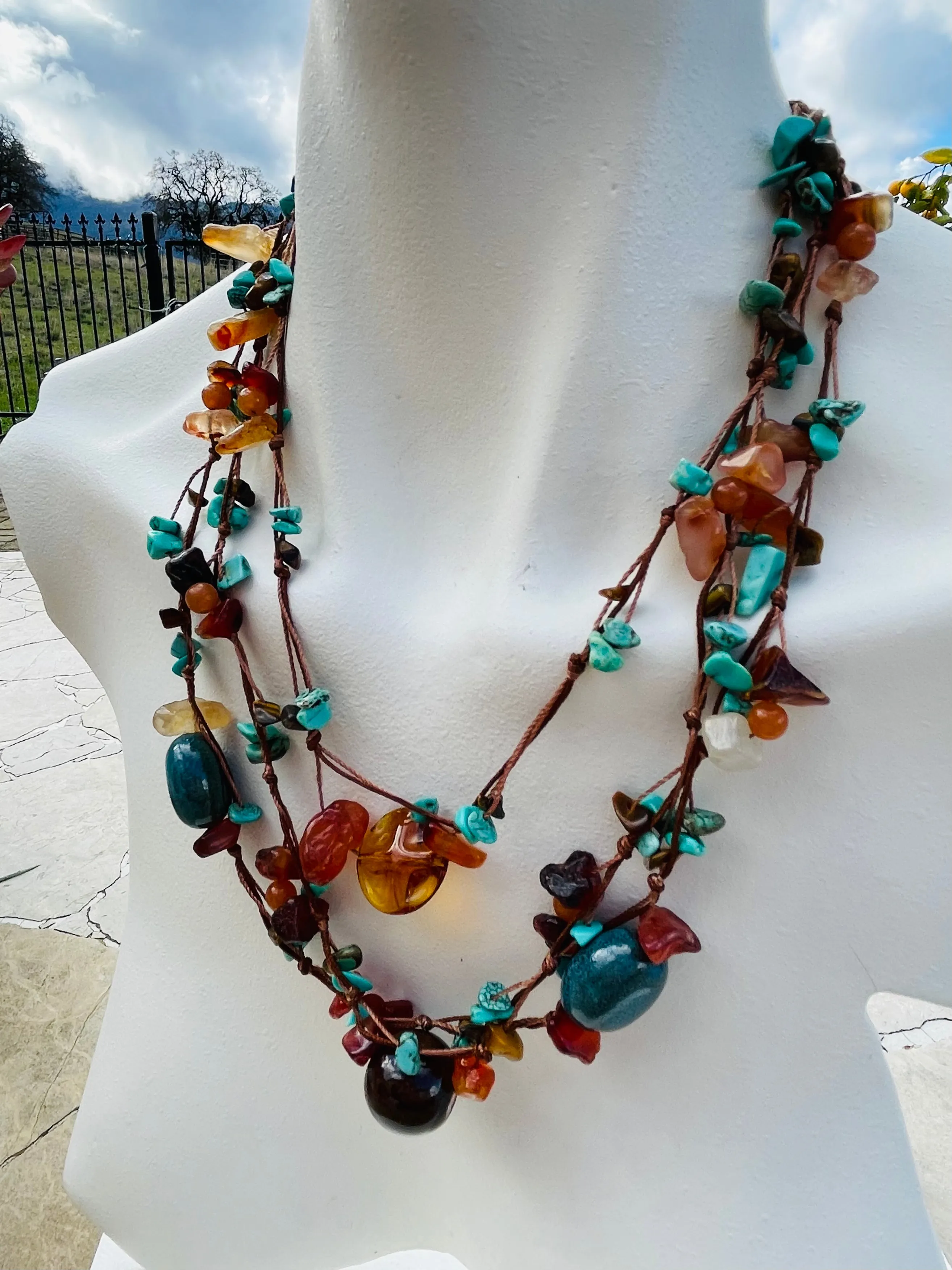 Artisan Handmade Multicolor Faux Amber Turquoise Mixed Stone Bead Gem Necklace