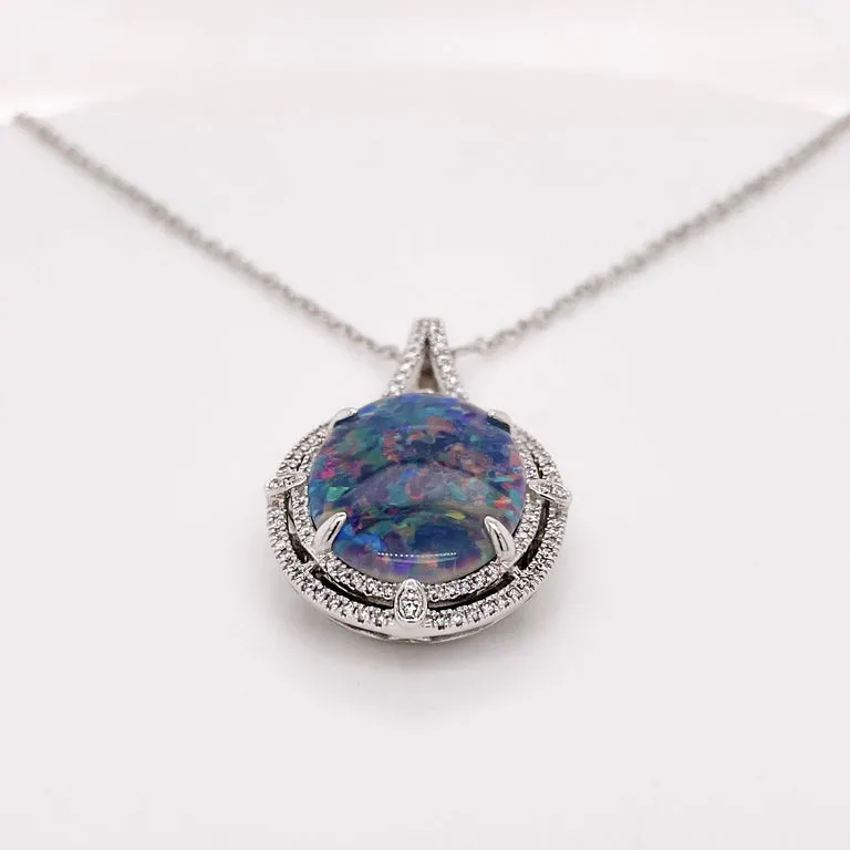 Austrailian Black Opal Necklace Double Diamond Halo