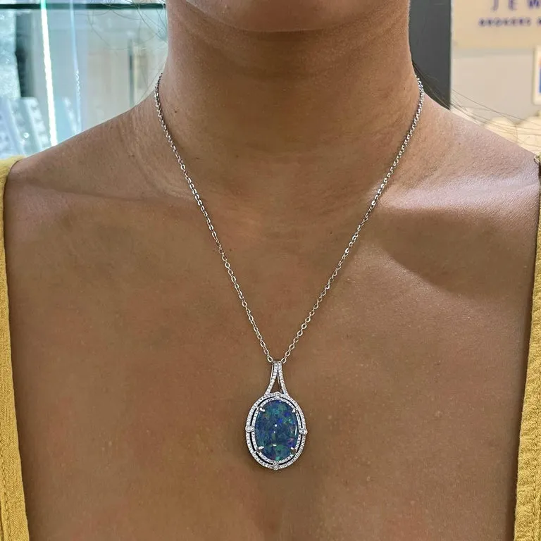 Austrailian Black Opal Necklace Double Diamond Halo