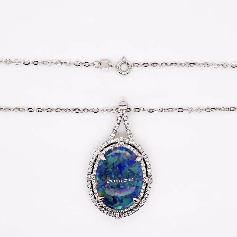 Austrailian Black Opal Necklace Double Diamond Halo