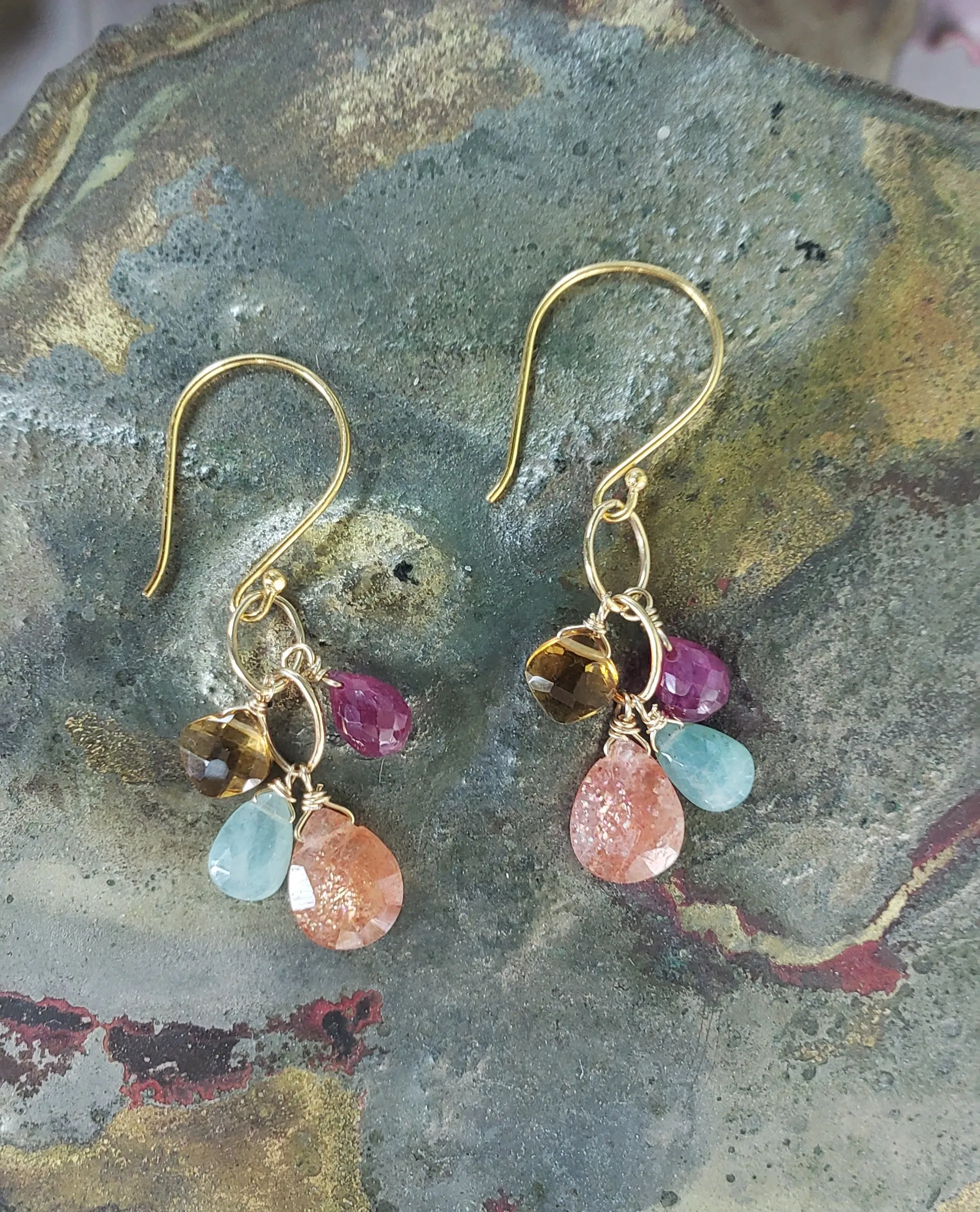 AVF Sunstone, Ruby, Grandidierite, Citrine Cluster Earrings (SI3737)