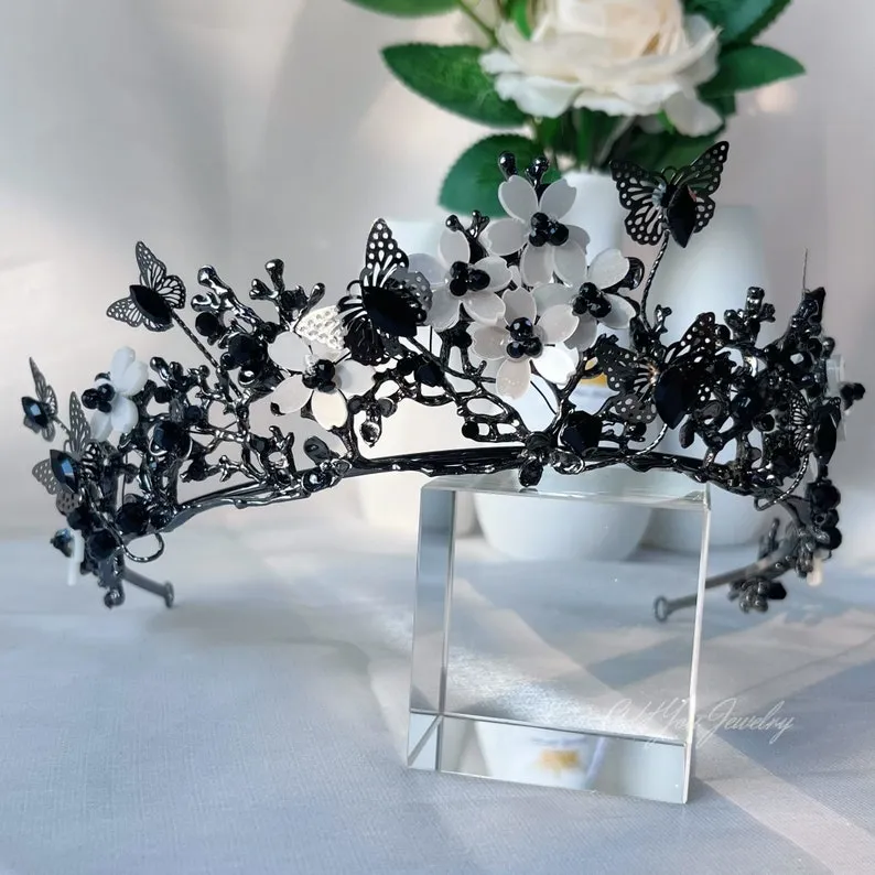 Black Butterfly Tiara Crown Detailed Princess Queen Goth bridal Halloween cosplay diadem