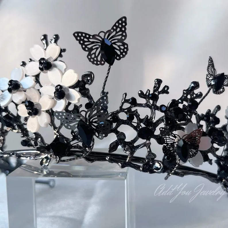 Black Butterfly Tiara Crown Detailed Princess Queen Goth bridal Halloween cosplay diadem