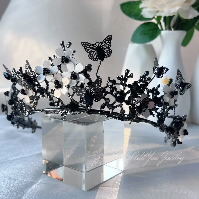 Black Butterfly Tiara Crown Detailed Princess Queen Goth bridal Halloween cosplay diadem
