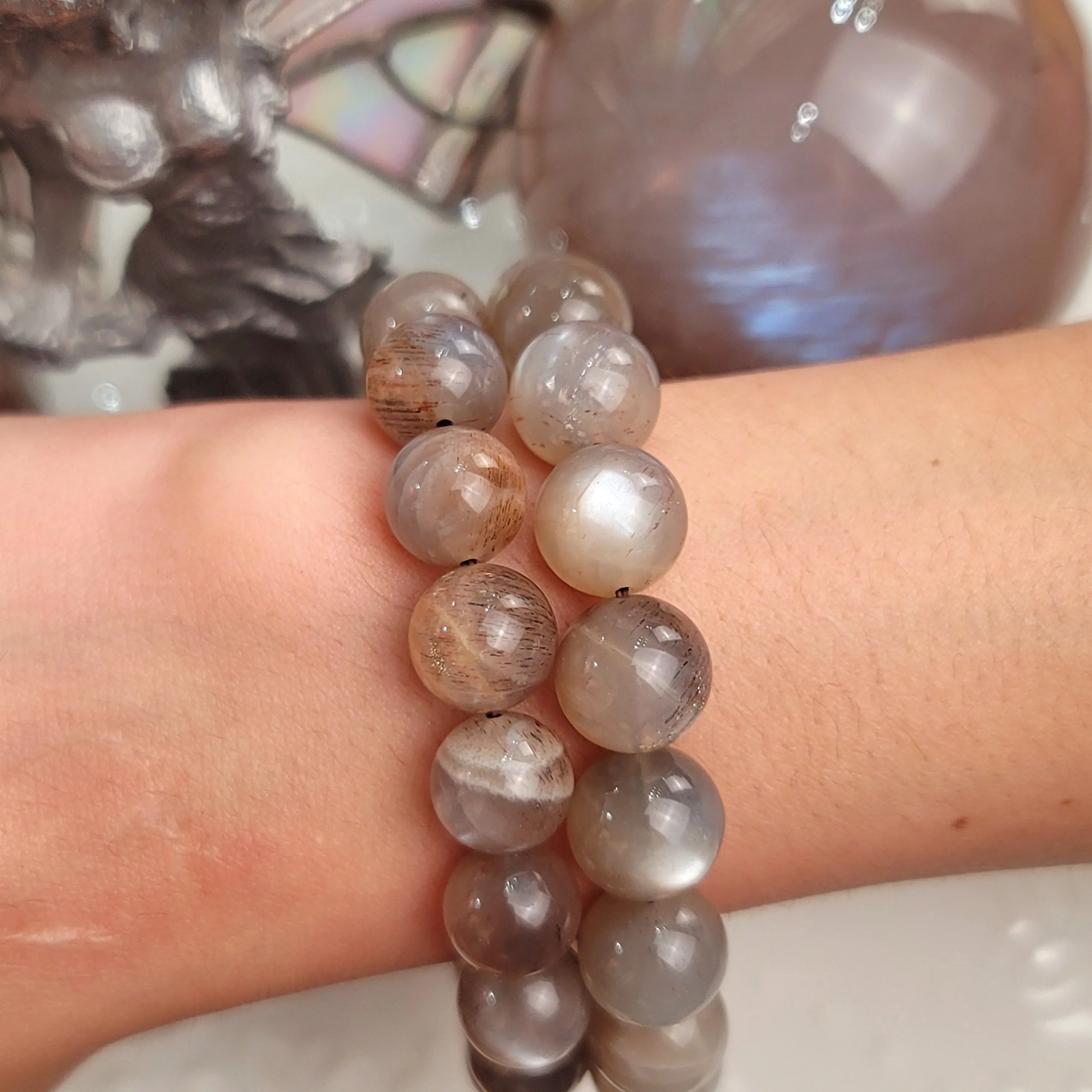 Black Moonstone with Hematite and Rainbow Lattice Sunstone Bracelet (AAA Grade) for Creation, Divine Feminine, & Manifestation